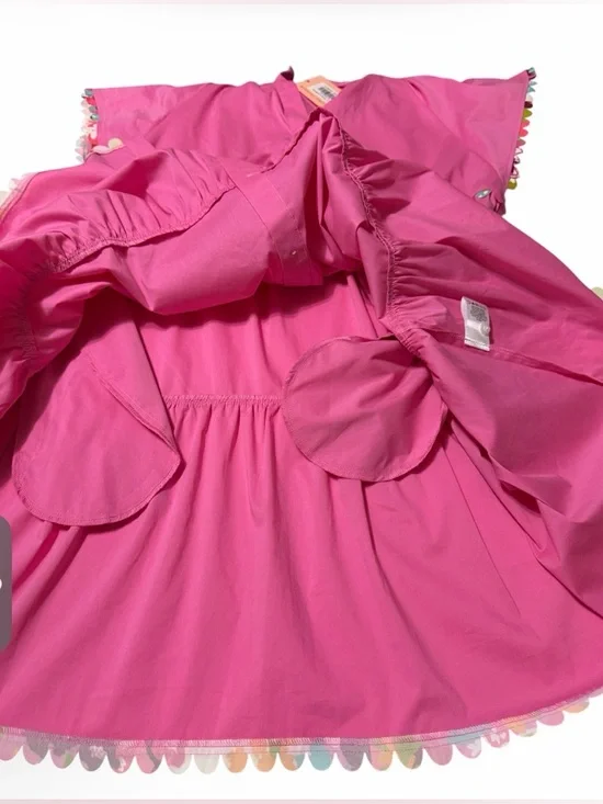 Crosby by Mollie Burch Sz S Whitley Dress Pink Bubblegum Tiered Ruffle Pom Trim - Picture 9 of 12